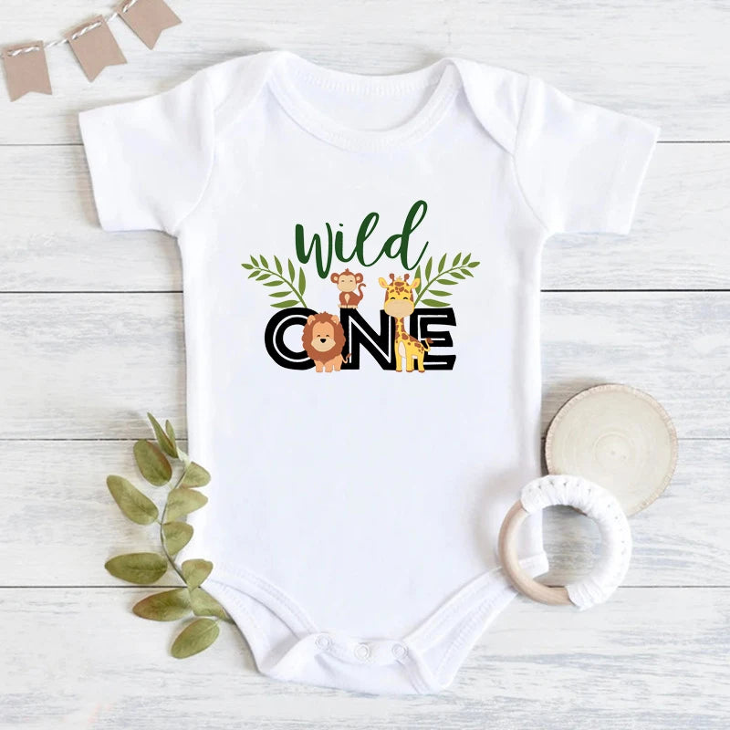 Wild One Baby Bodysuits Cute Animal Cartoon Print Infant 1st Birthday Jungle Party Outfits Cotton Toddler Birthday Rompers Gift