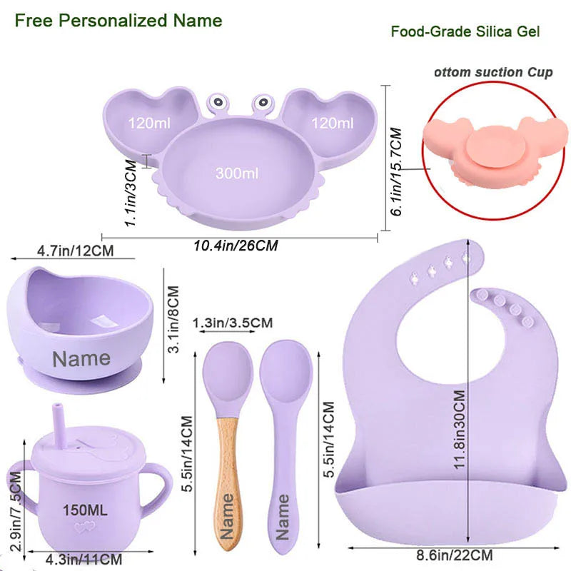 Crab Plate For Baby Silicone Tableware Suction Bowl Plate Tray Bibs Spoon Personalized Name Baby's Name Feeding Set For Kids