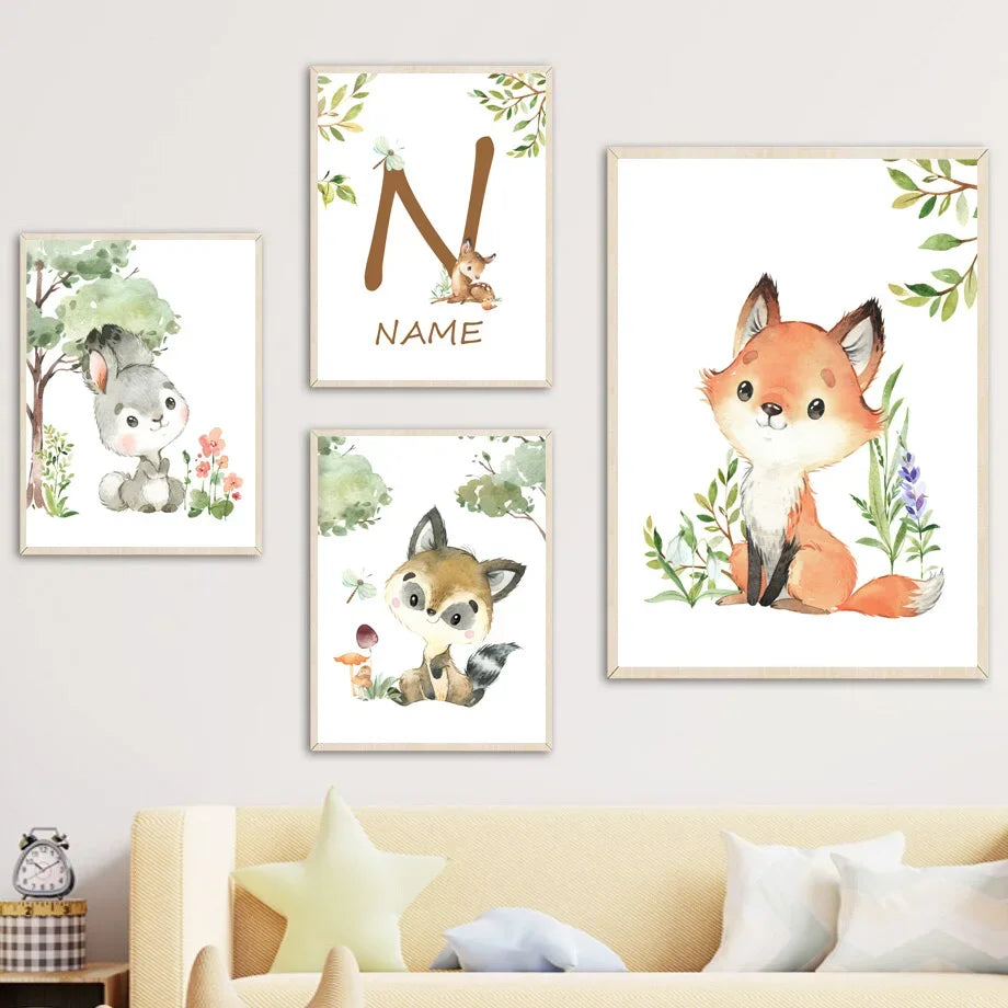 Woodland Animals Fox Bear Rabbit Squirrel Baby Name Custom Art Canvas Painting Posters Prints Wall Pictures For Kids Room Decor