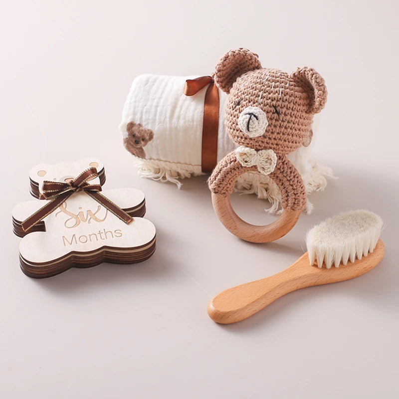 Baby Crochet Bear Sensory Toys 0 12 Months Wooden Rattle Toys Set Milestone Card Wooden Brush Set Baby Shower Accessories Toys