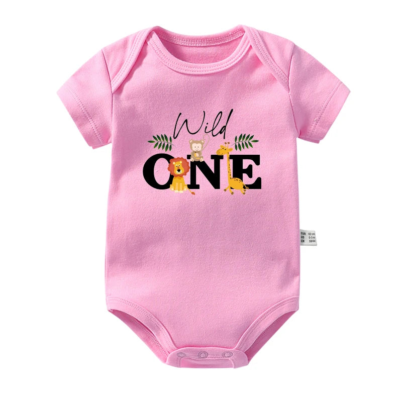 Wild One Baby Bodysuits Cute Animal Cartoon Print Infant 1st Birthday Jungle Party Outfits Cotton Toddler Birthday Rompers Gift