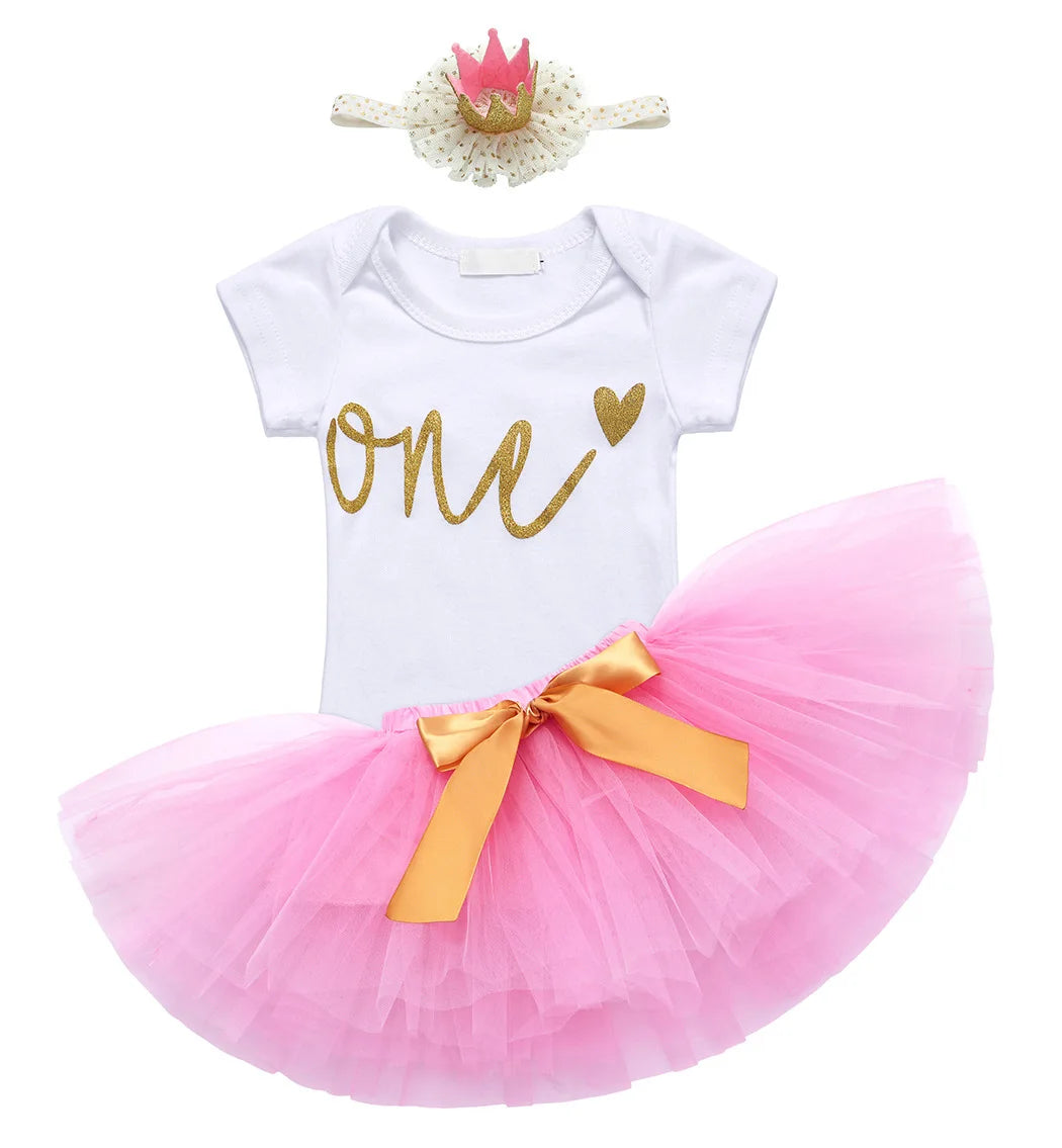 1 Year Old Baby Clothes Set Newborn Outfit for Girl Mesh Tutu Toddler Girl's Birthday Short Sleeve Romper + Pink Skirt+headband