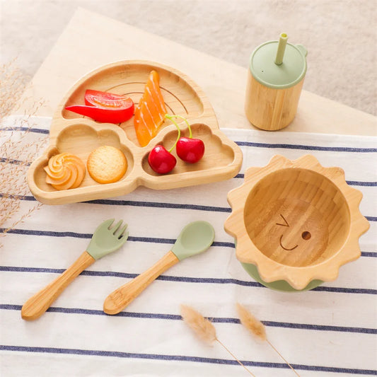 Baby Cloudy Bamboo Dinnerware Kid Feeding Tableware Set Bowl Plate Fork Spoon Silicone Cup Set Baby Feeding Dishes Accessories