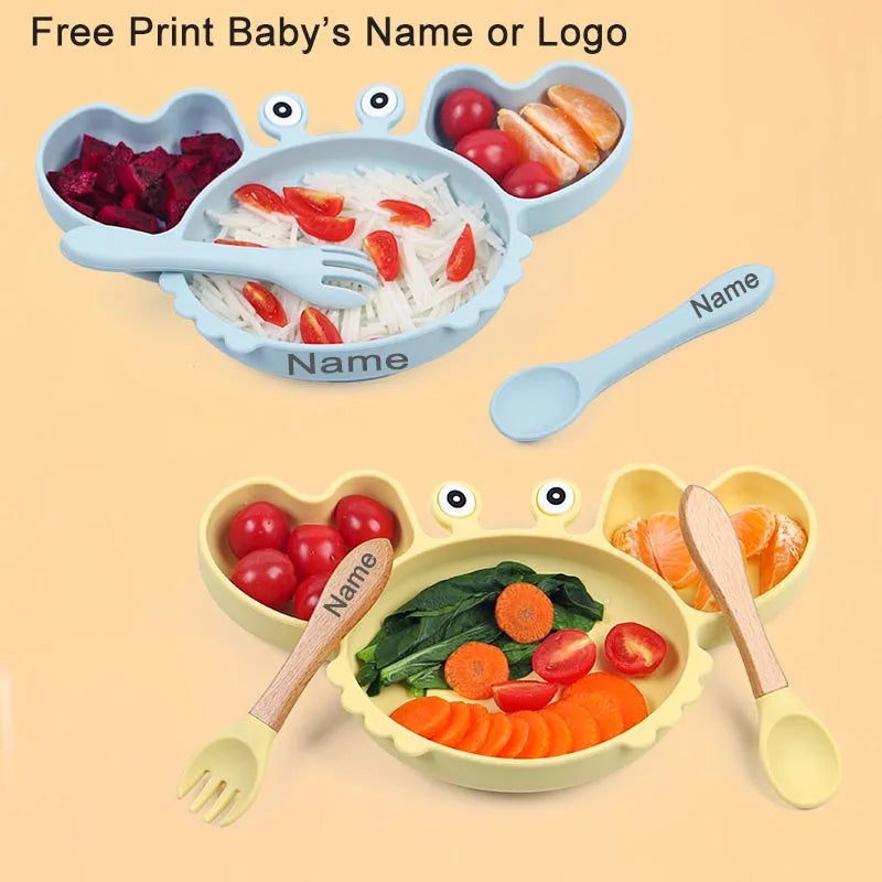 Crab Plate For Baby Silicone Tableware Suction Bowl Plate Tray Bibs Spoon Personalized Name Baby's Name Feeding Set For Kids