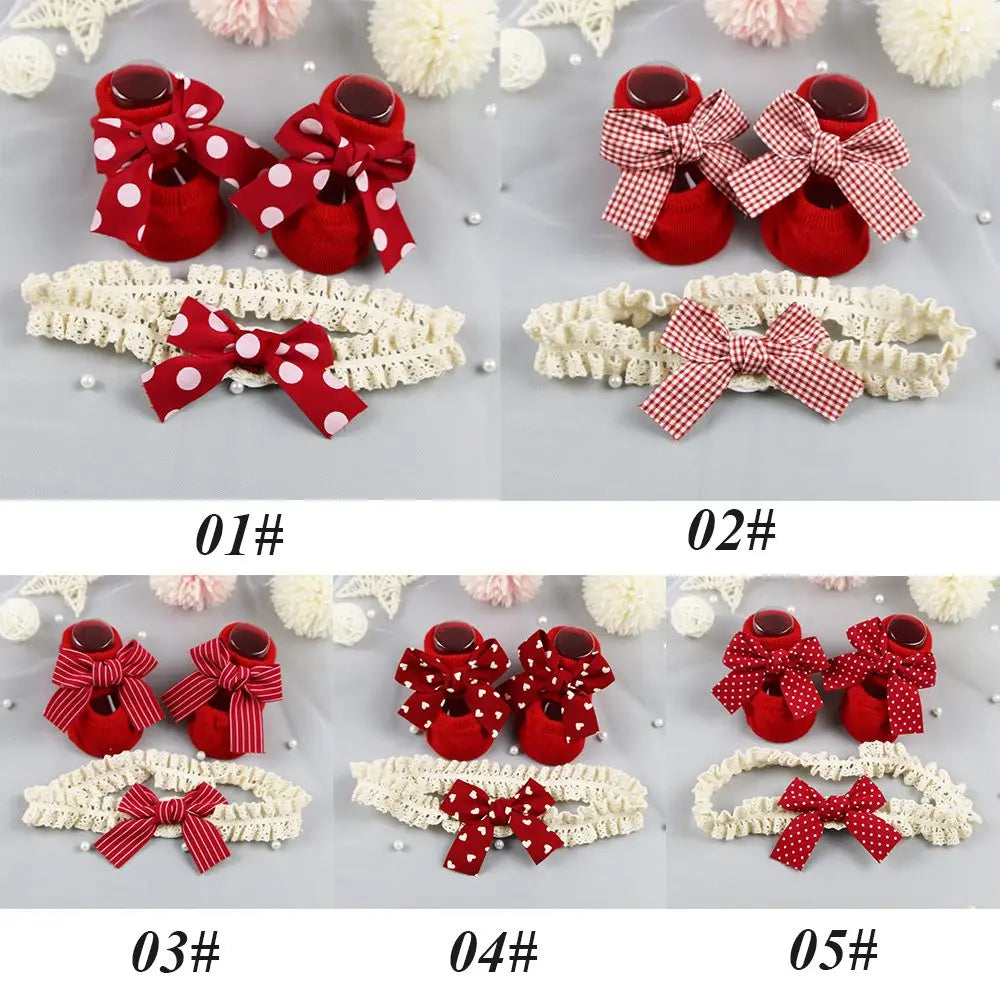 Gift Cotton Heart Red Bow Headband Infant Anti Slip Socks Newborn Baby Girl Socks Socks Headband Set Toddler Floor Socks