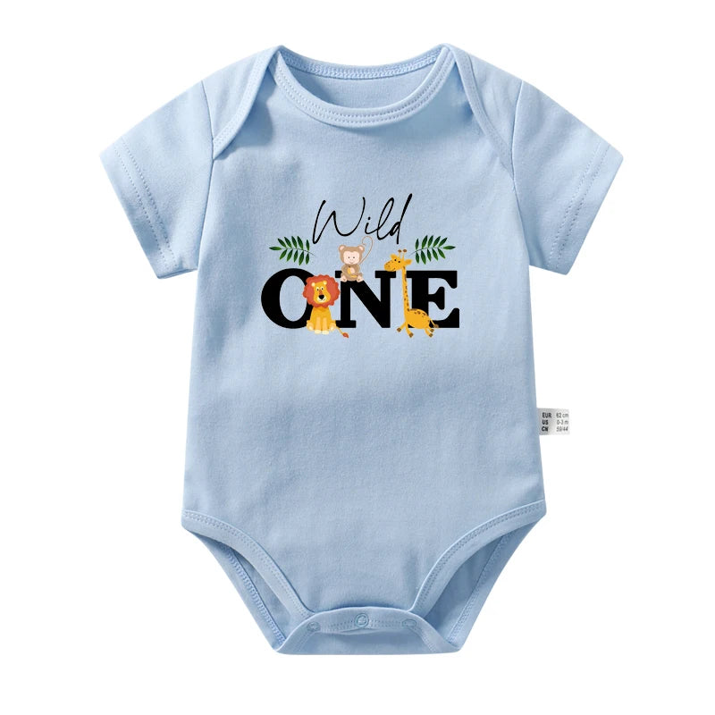 Wild One Baby Bodysuits Cute Animal Cartoon Print Infant 1st Birthday Jungle Party Outfits Cotton Toddler Birthday Rompers Gift