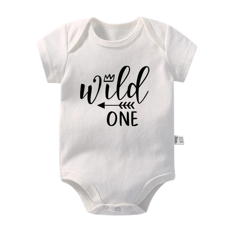 Wild One Baby Bodysuits Cute Animal Cartoon Print Infant 1st Birthday Jungle Party Outfits Cotton Toddler Birthday Rompers Gift