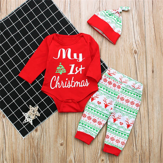 My First Christmas Baby  Clothes Set New Year Costume Long Sleeve Bodysuit Pants with Hat 3PCS Newborn Boys Xmas Clothing Set