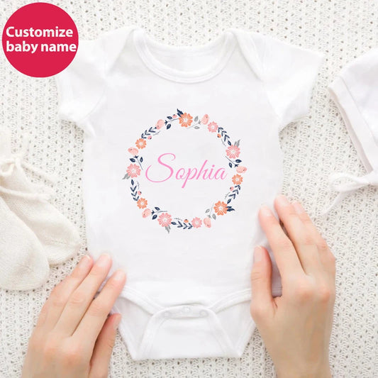 New Custom Name Newborn Baby Rompers Cute Personalized Baby Girl Onesie Floral Print Cotton Infant Bodysuits Baby Clothes Gifts