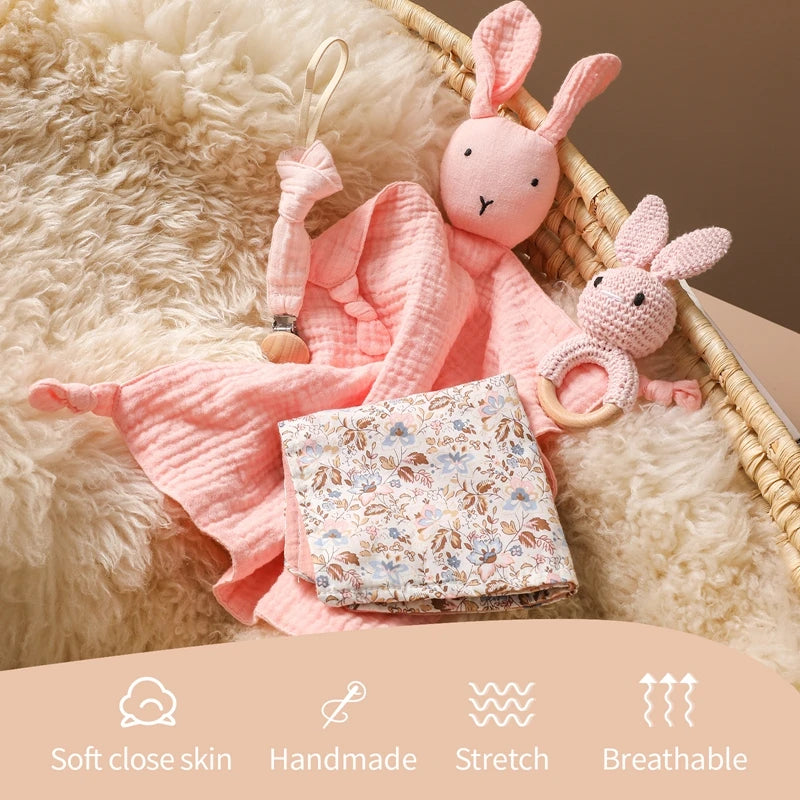 Let's Make Rabbit Doll Set for Baby Double Sided Cotton Blanket Wooden Rattle Pacifier Bracelet Teether Newborn Accessories