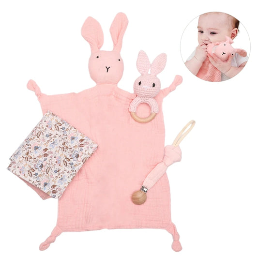 Let's Make Rabbit Doll Set for Baby Double Sided Cotton Blanket Wooden Rattle Pacifier Bracelet Teether Newborn Accessories