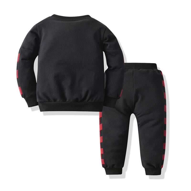 Two-piece Long-sleeved Sweater Stitching Red And Black Grid Trendy Trousers